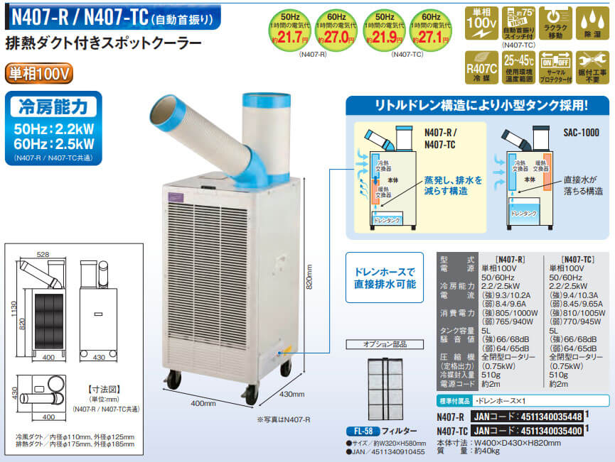 排熱ダクト付きスポットクーラーN407-RNAKATOMI