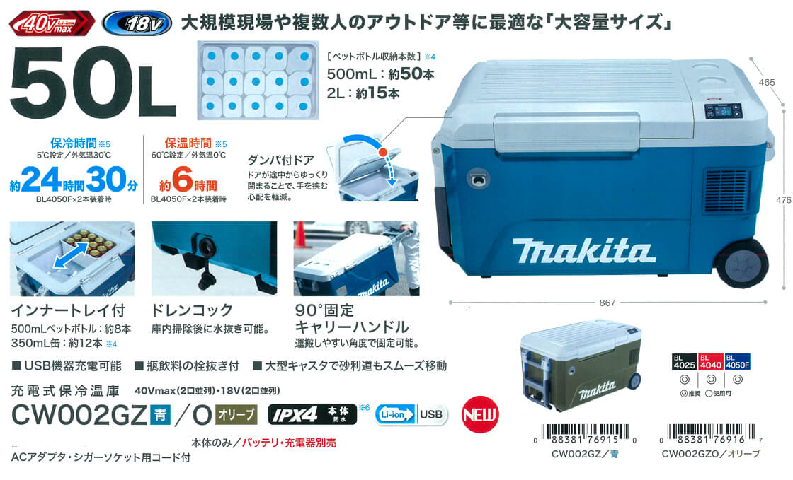 makita マキタ 40Vmax充電式保冷温庫（50L）18V AC100V DC  CW002GZ 青  本体のみ   ※バッテリ・充電器別売 - 3