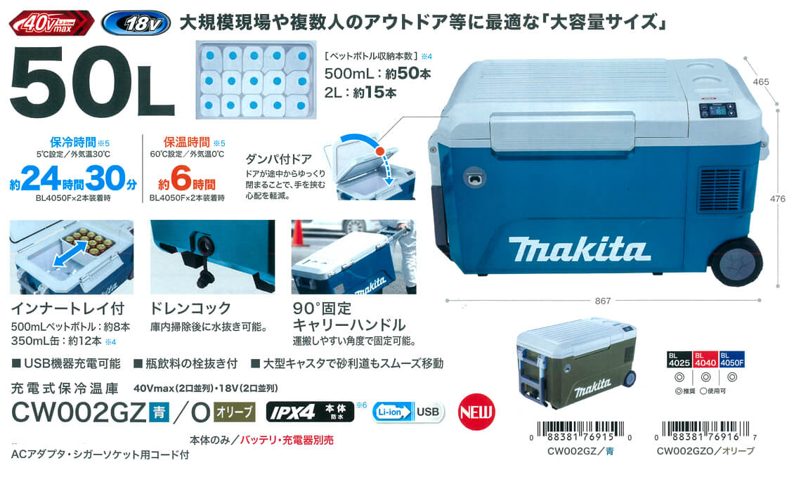 マキタ CW002GZ 充電式保冷温庫(50L)青 (本体のみ/バッテリ・充電器別売) ウエダ金物【公式サイト】