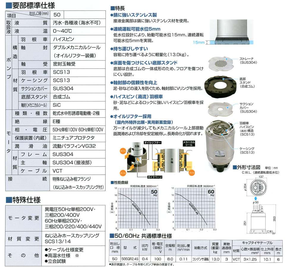 ツルミポンプ 低水位排水用 ステンレス製 水中ハイスピンポンプ SQR ウエダ金物【公式サイト】