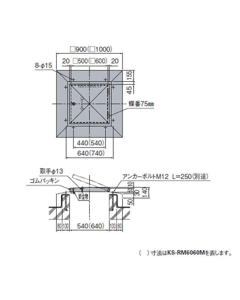 SUS角型屋根マンホール 1型 500角 (開口500×500 外寸900×900) ボルト穴あり 杉田エース - 3