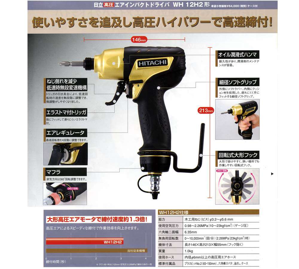 HIKOKI(ハイコーキ) 高圧エアインパクトドライバー 木工用φ3.2~5.6mmねじ用 WH12AB2 通販