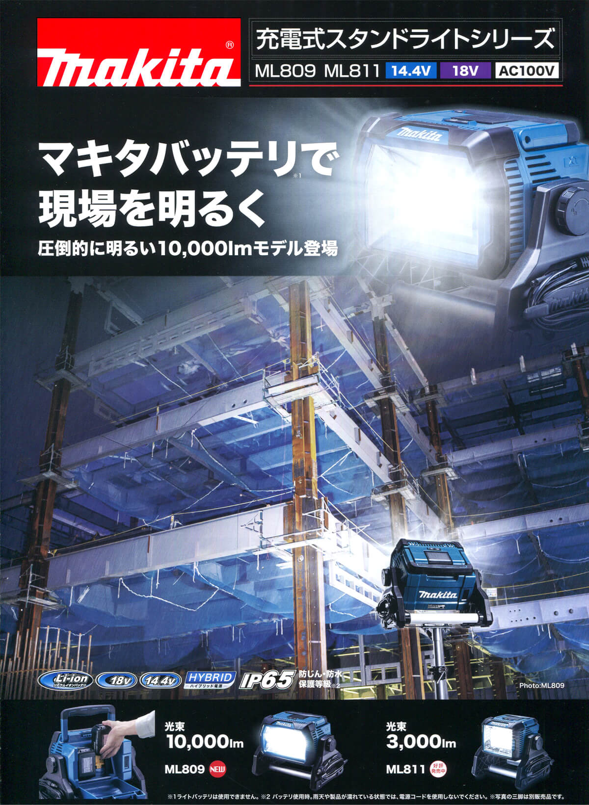 ☆品☆makita マキタ 14.4V/18V 充電式スタンドライト ML809 本体のみ 投光器 LEDライト 作業ライト 現場ライト 72062