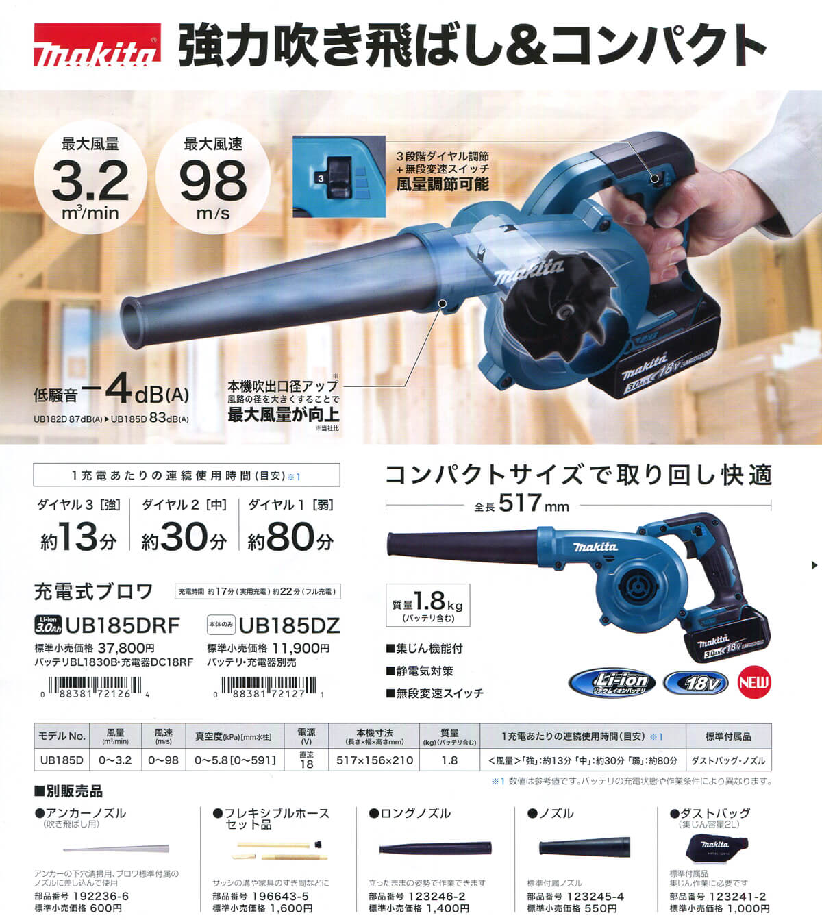 マキタ充電式ブロワ UB 185DRF 18V フルセット