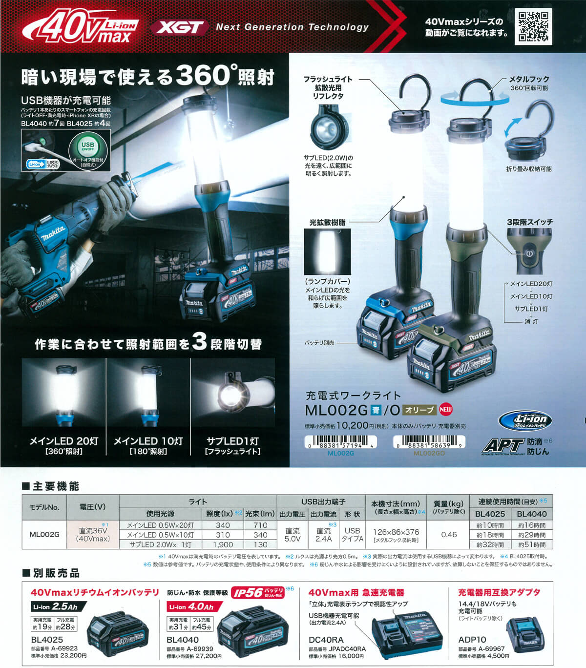 充電式スタンドライト マキタ(Makita) 40Vmax バッテリ・充電器別売 ML004G 青 - 3