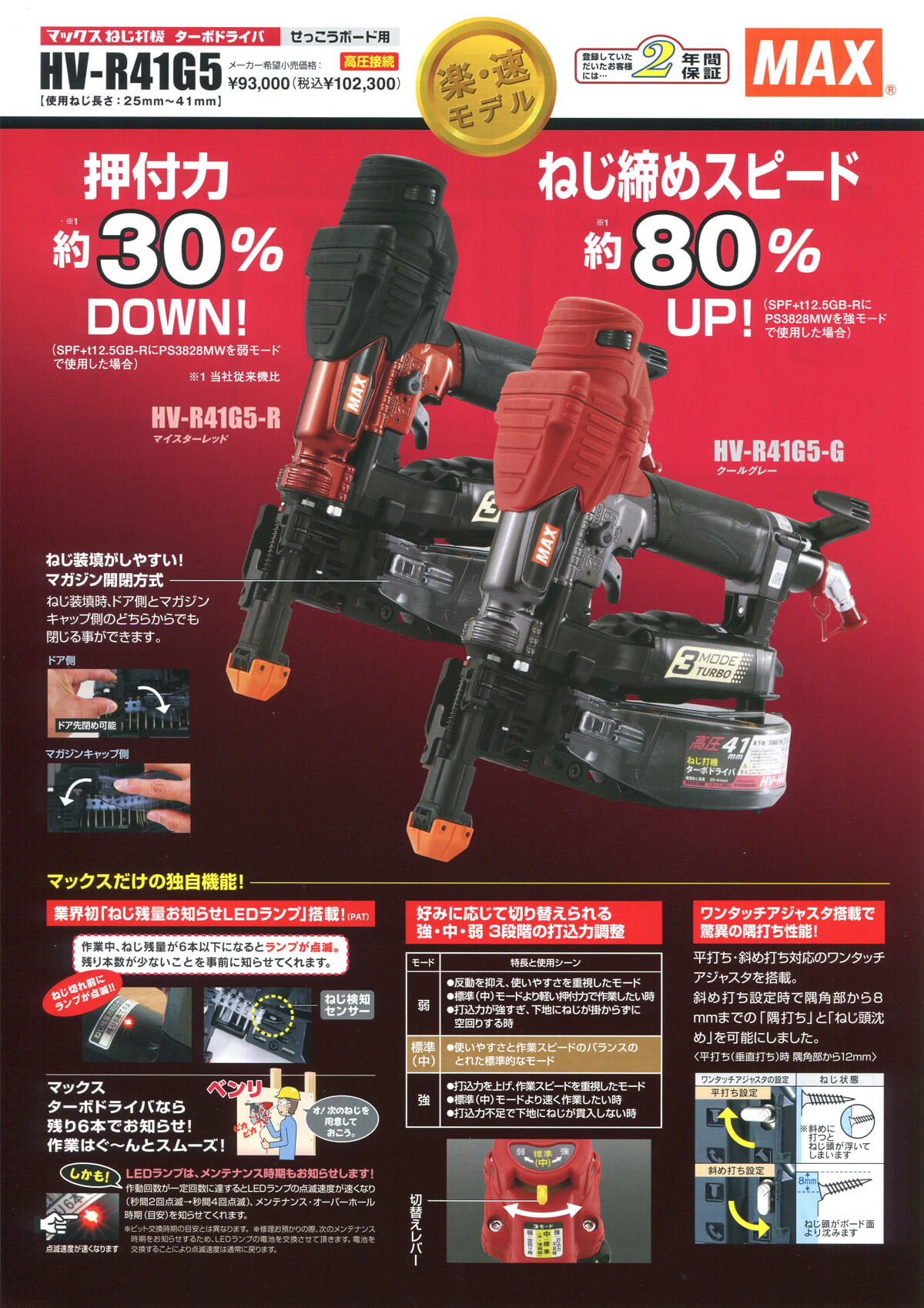 ついに再販開始 NEWSTAGETOOLS店マックス〈MAX〉HV-R41G5-R 高圧ターボドライバ マイスターレッド 石こうボード 