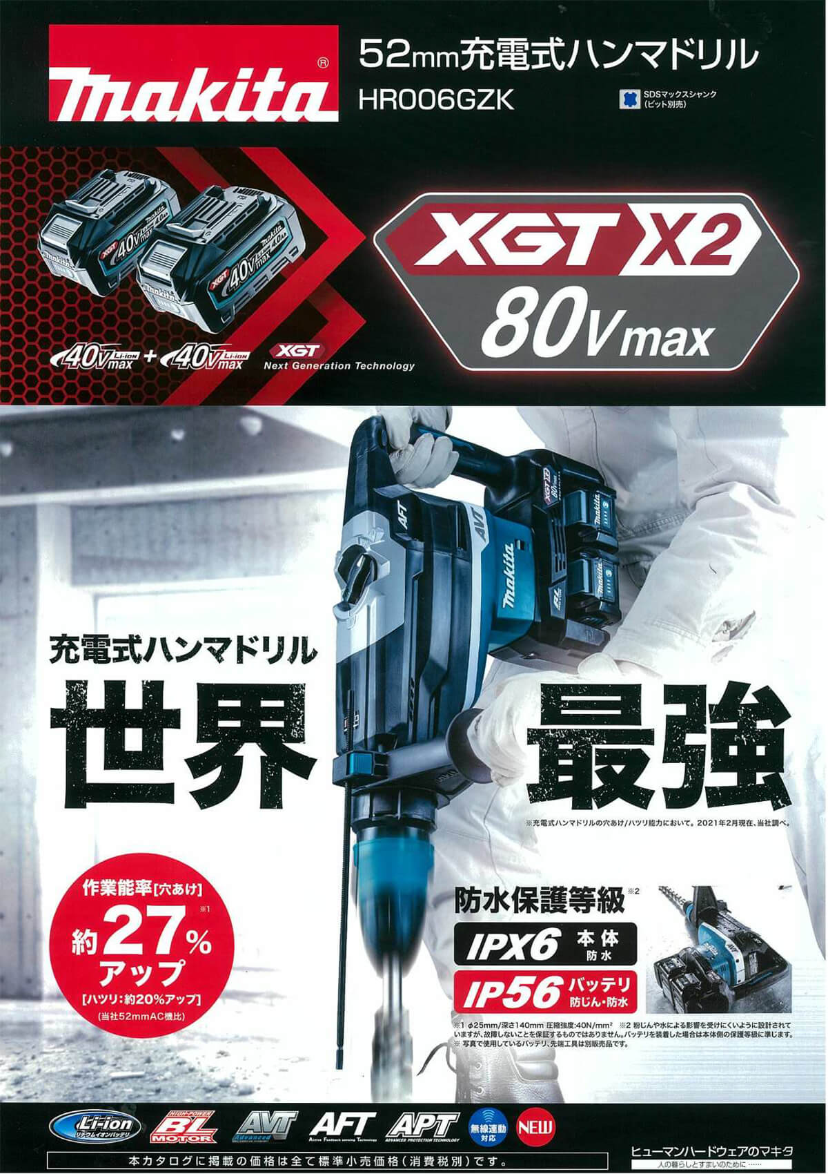 マキタ HR006GZK 80Vmax充電式ハンマドリル52mm(本体・ケース付/バッテリ・充電器別売) ウエダ金物【公式サイト】