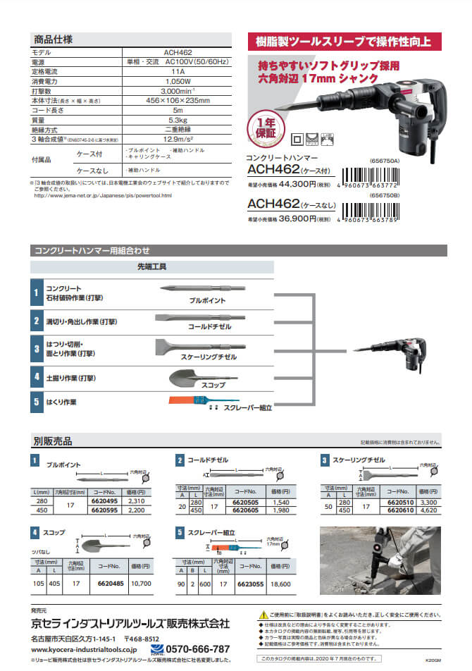紺×赤 京セラ (リョービ) コンクリートハンマー 17mmシャンク (ケース付) ACH462 656750A