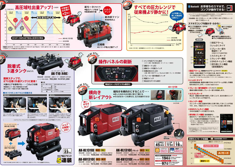 MAX　AK-HH1310E　高圧専用スーパーエアコンプレッサー【衝撃感知!防犯アラームロックEG-AR-10付き★限定品】｜ウエダ金物